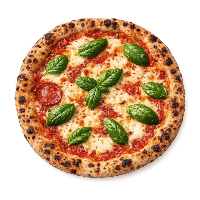 Pizza Margherita mit frischem Basilikum, von oben